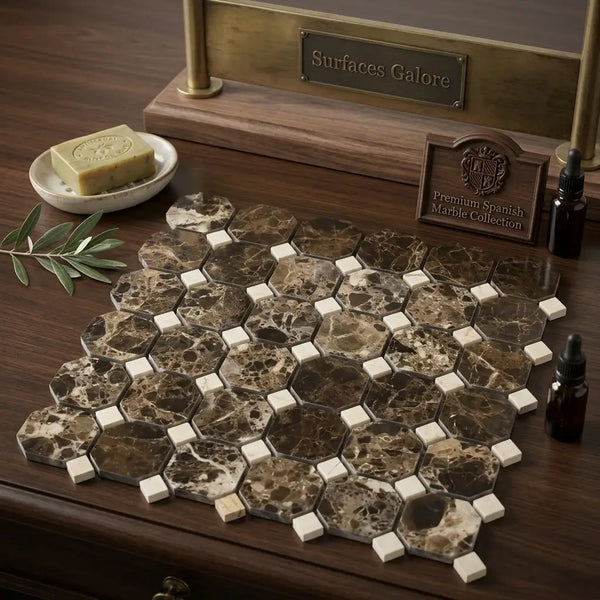 Brown and cream emperador dark marble octagon mosaic tile with cream marfil white square accents in patterned design