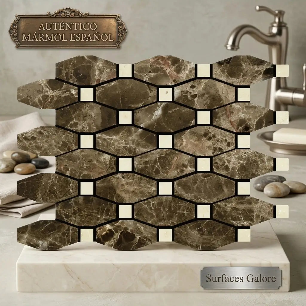 Brown Spanish marble mosaic with hexagonal Emperador Dark tiles and cream-colored C Marfil square accents polished