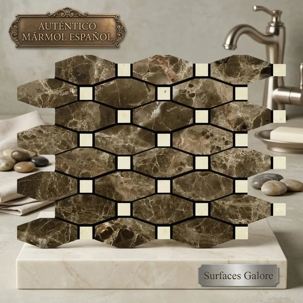 Brown Spanish marble mosaic with hexagonal Emperador Dark tiles and cream-colored C Marfil square accents polished