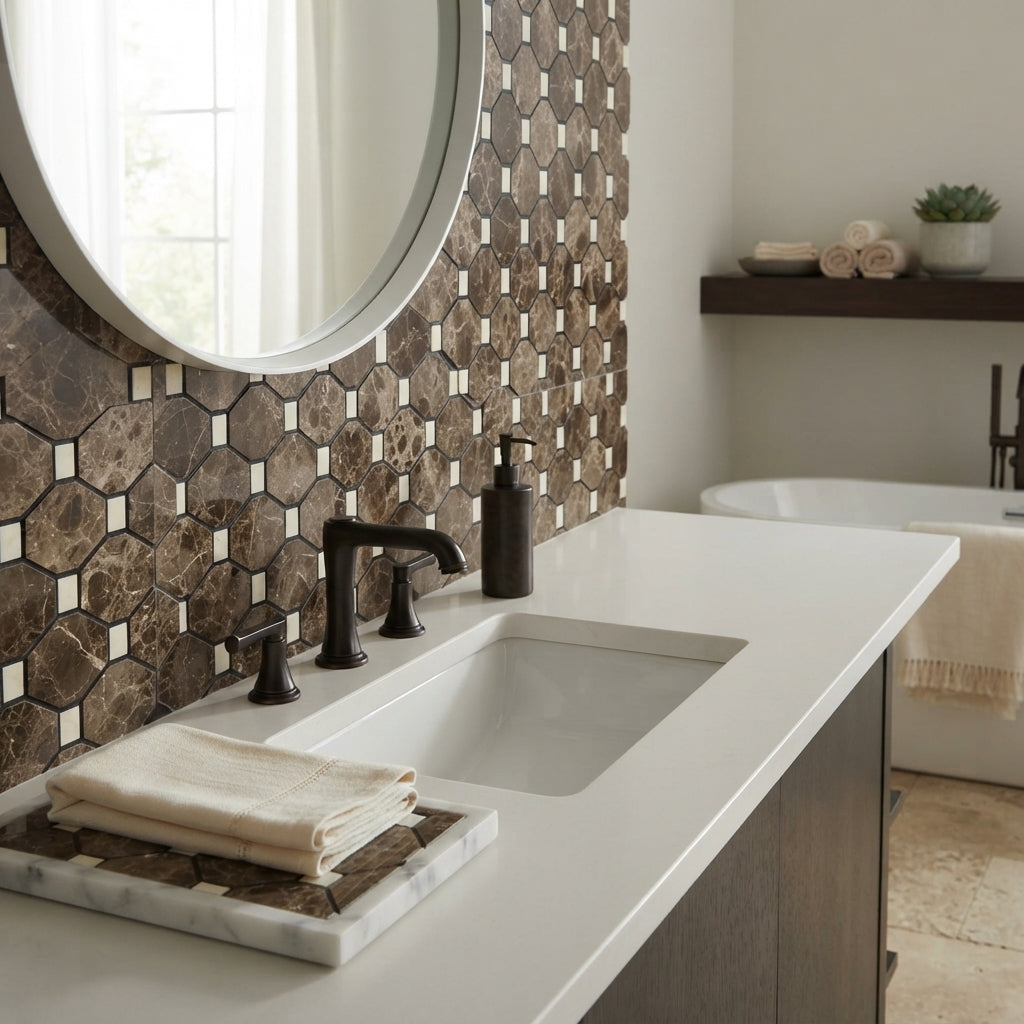 Black matte-finish faucet with sleek modern design and two handles on emperador dark marble octave countertop with c marfil mosaic polished