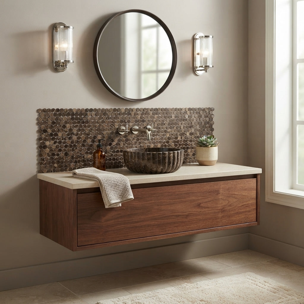 Dark brown ribbed ceramic vessel sink complementing emperador dark marble penny-round mosaic polished design