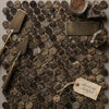 Circular spanish emperador dark marble penny-round mosaic tiles with rich brown and beige veined polished pattern