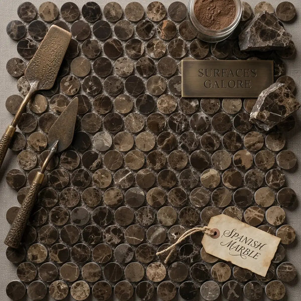 Circular spanish emperador dark marble penny-round mosaic tiles with rich brown and beige veined polished pattern