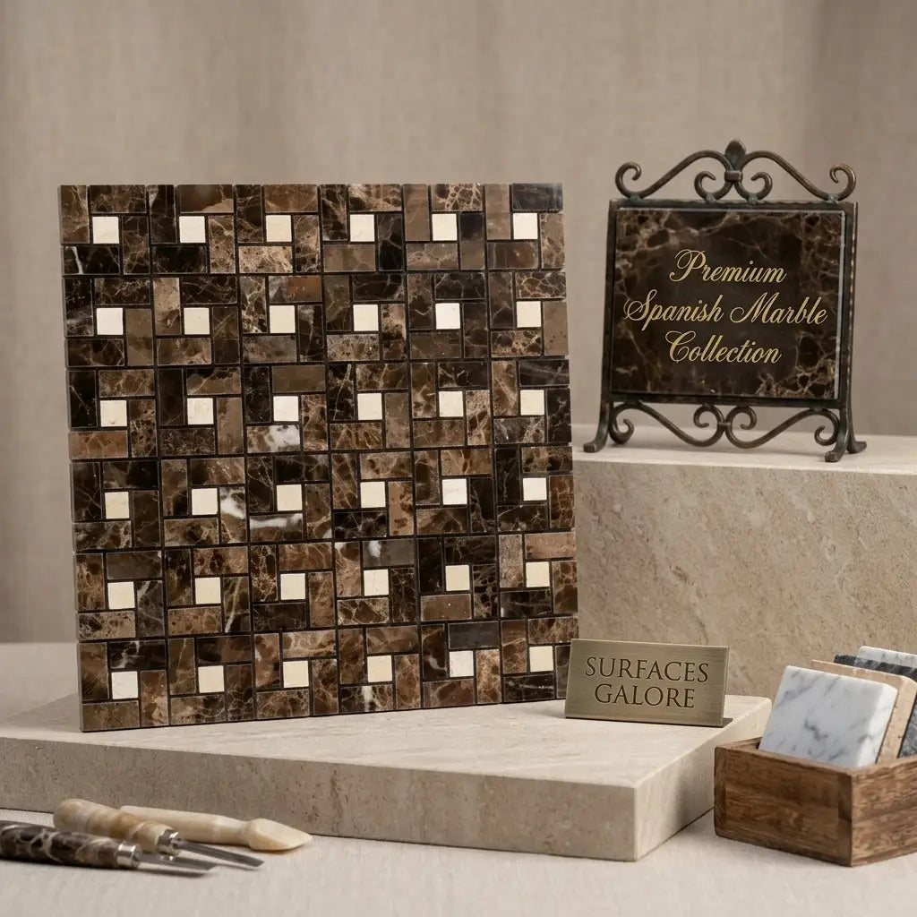 Brown and cream mosaic spanish marble tile panel with geometric pattern emperador dark marble pinwheel mini with c marfil dots polished