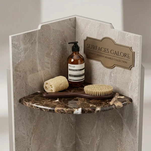 Emperador dark marble shower corner shelf in brown featuring a plaque surfaces galore holding Aesop body wash