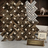 Emperador dark marble stanza mosaic with polished brown and cream herringbone pattern and C Marfil dots