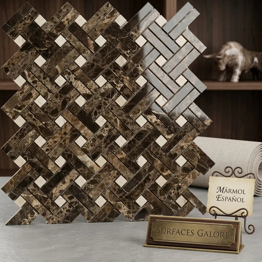 Emperador dark marble stanza mosaic with polished brown and cream herringbone pattern and C Marfil dots