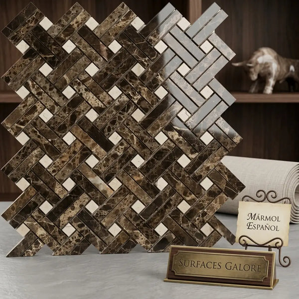 Emperador dark marble stanza mosaic with polished brown and cream herringbone pattern and C Marfil dots