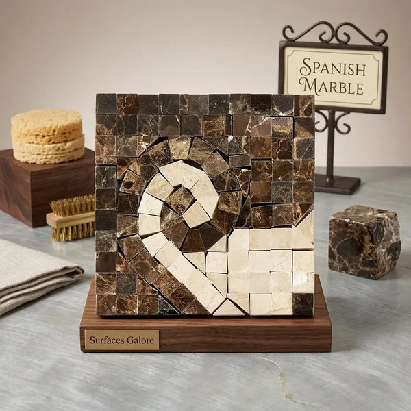 A polished emperador dark marble wave border corner square mosaic with cream marfil tiles forming a heart design