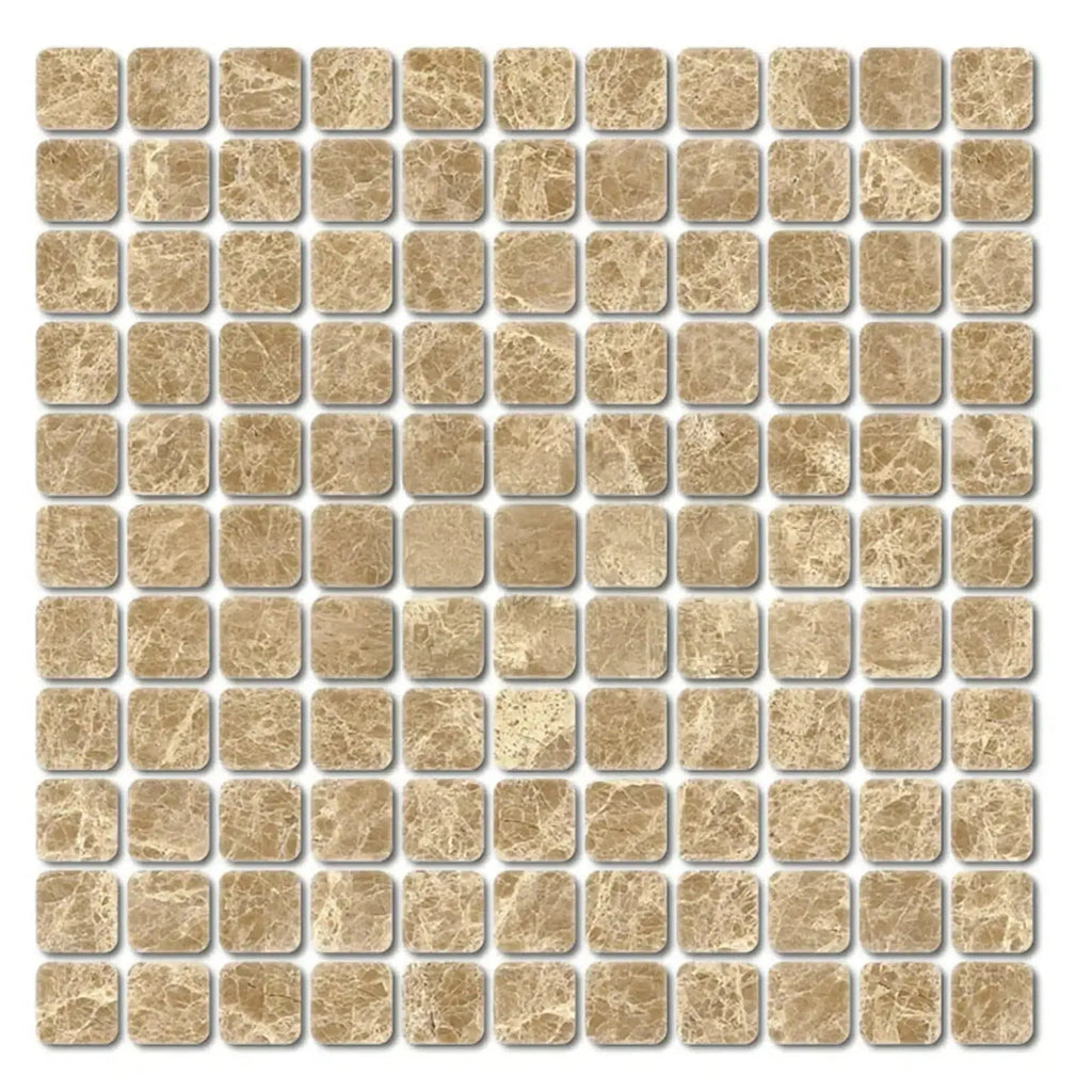 Square mosaic tile sheet of Emperador Light 1X1 Marble Tumbled for elegant decor