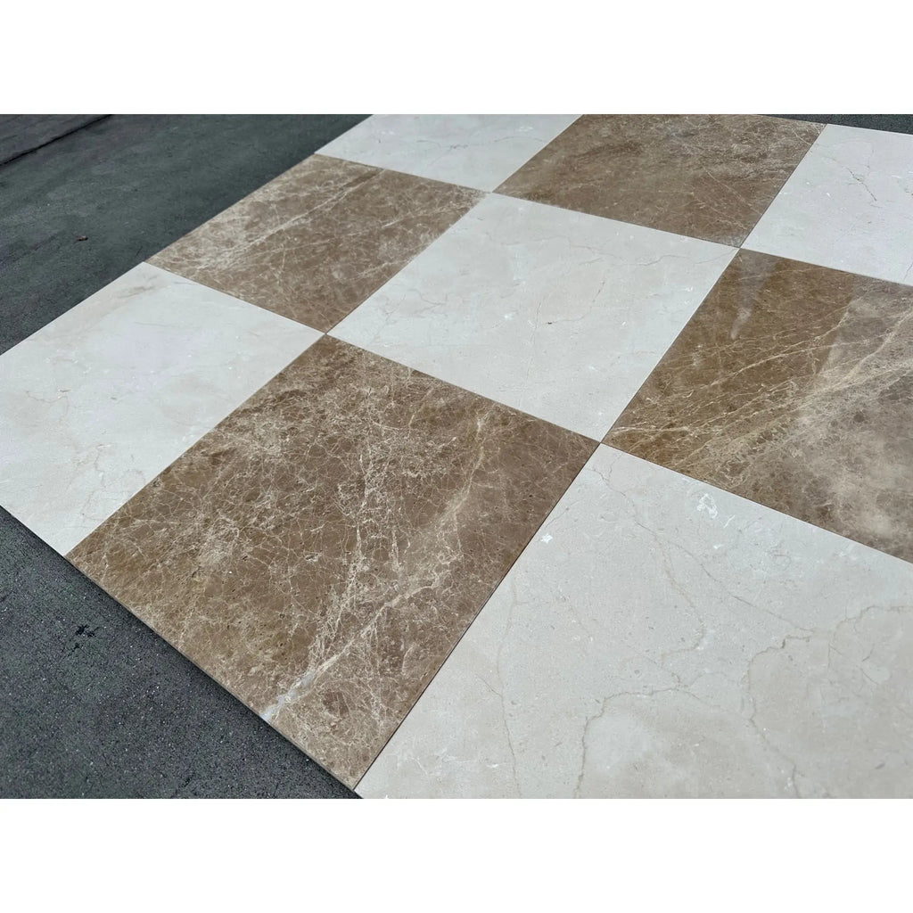 Emperador Light Marble 12x12 polished beige and brown checkered tile floor