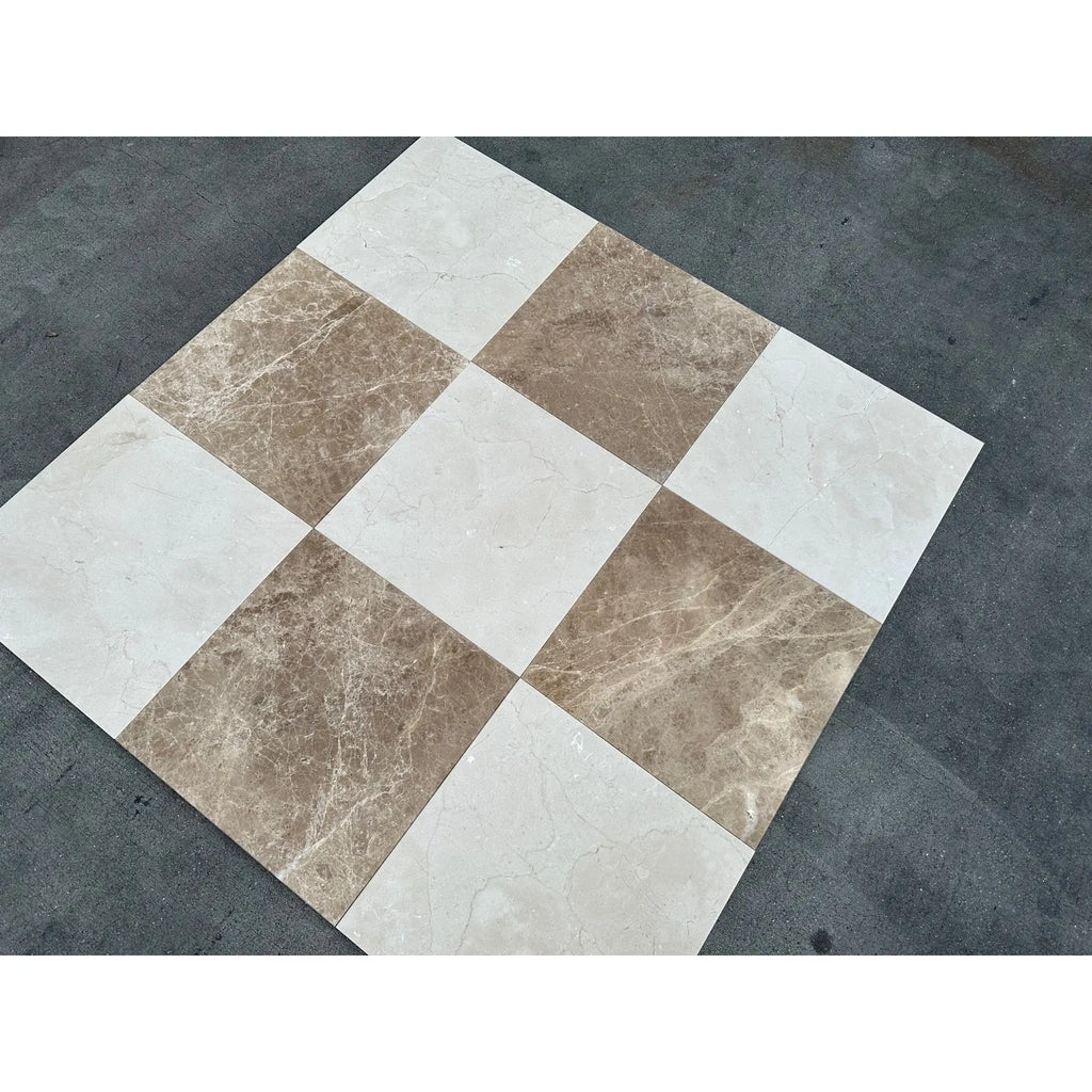 Beige and brown checkered Emperador Light Marble 12x12 polished tile floor mat