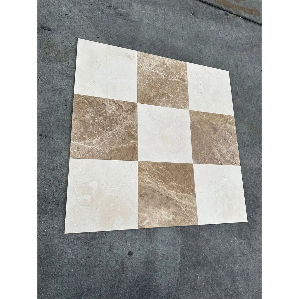 Checkered Emperador Light Marble 12x12 polished coaster set with beige and white squares