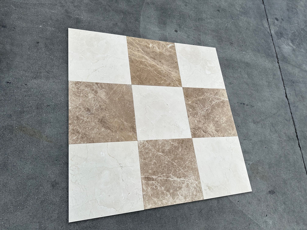 White and beige Emperador Light Marble 12x12 polished coaster set with checkered pattern