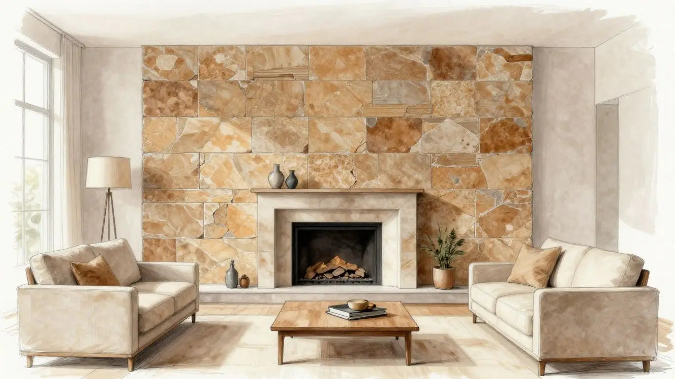 Earthy limestone tiles in a modern living room sketch.
