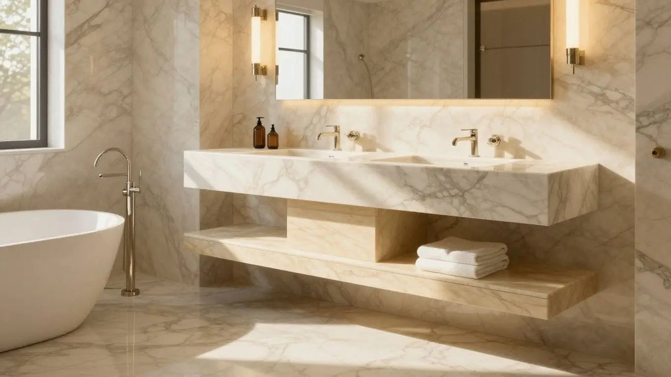 Crema Marfil marble bathroom vanity and floor sketch.