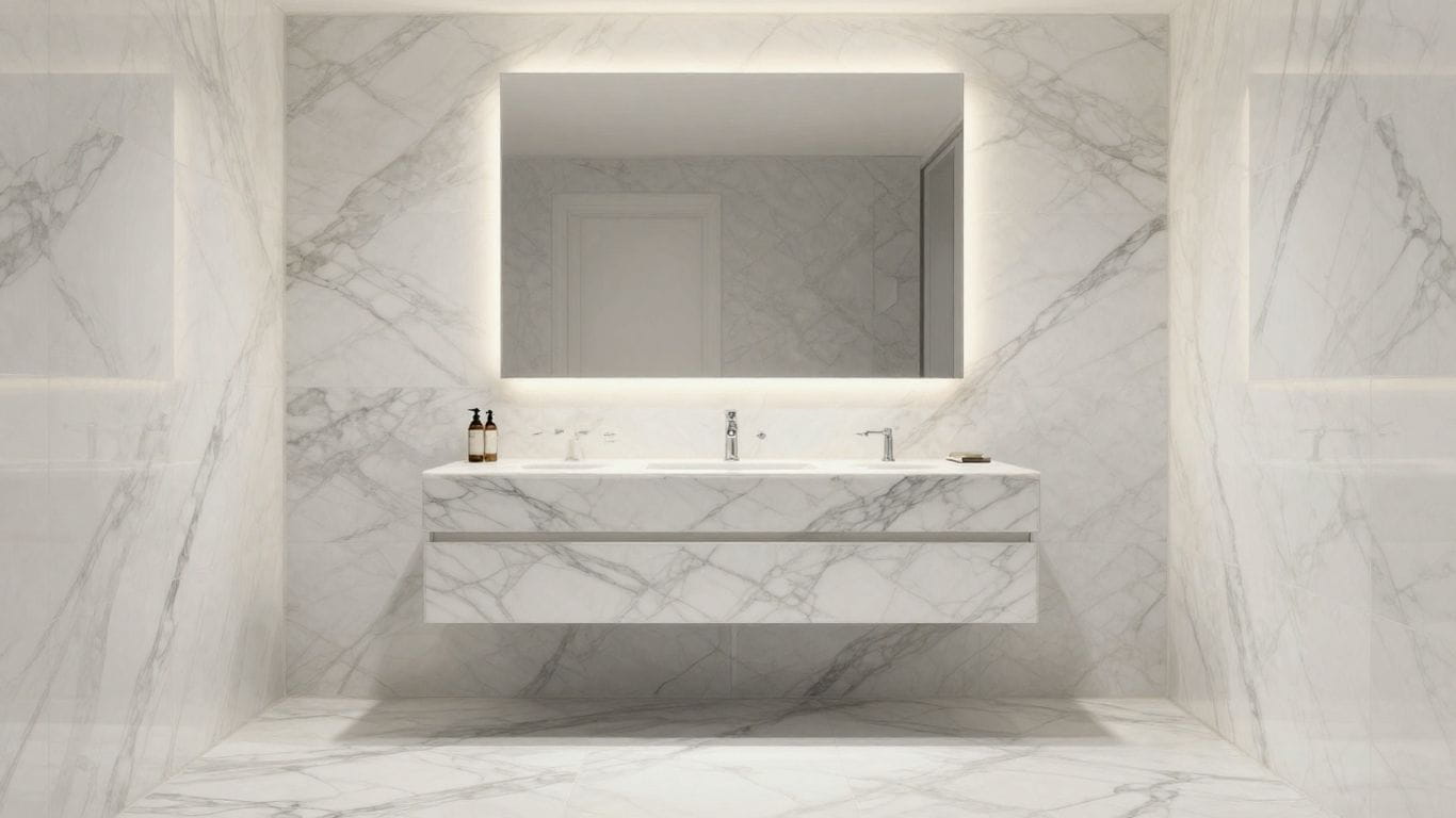 Elegant Carrara marble bathroom interior sketch.