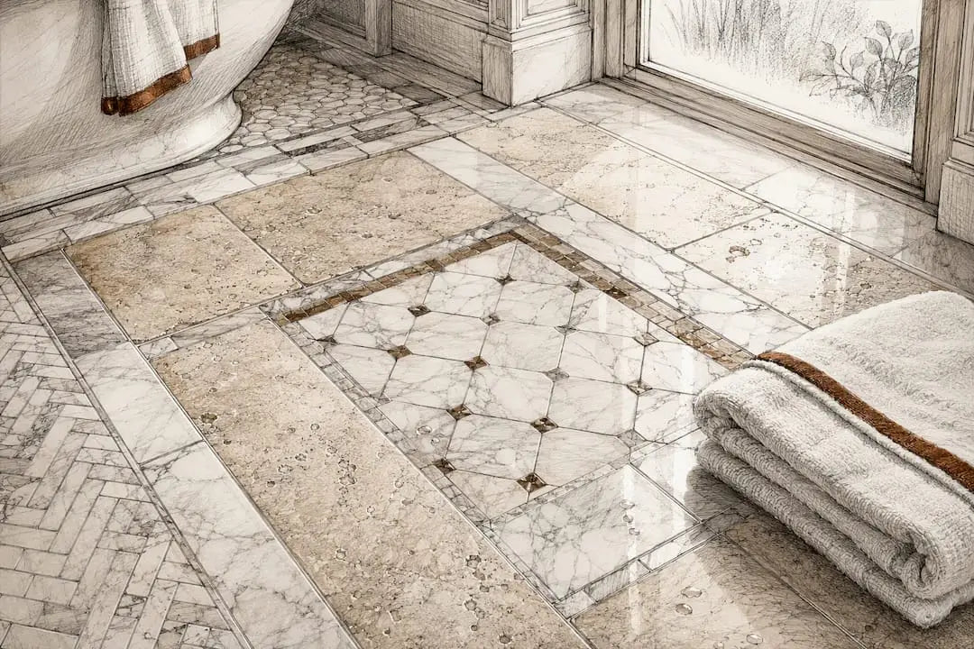 Natural stone bathroom floor tile pattern close-up