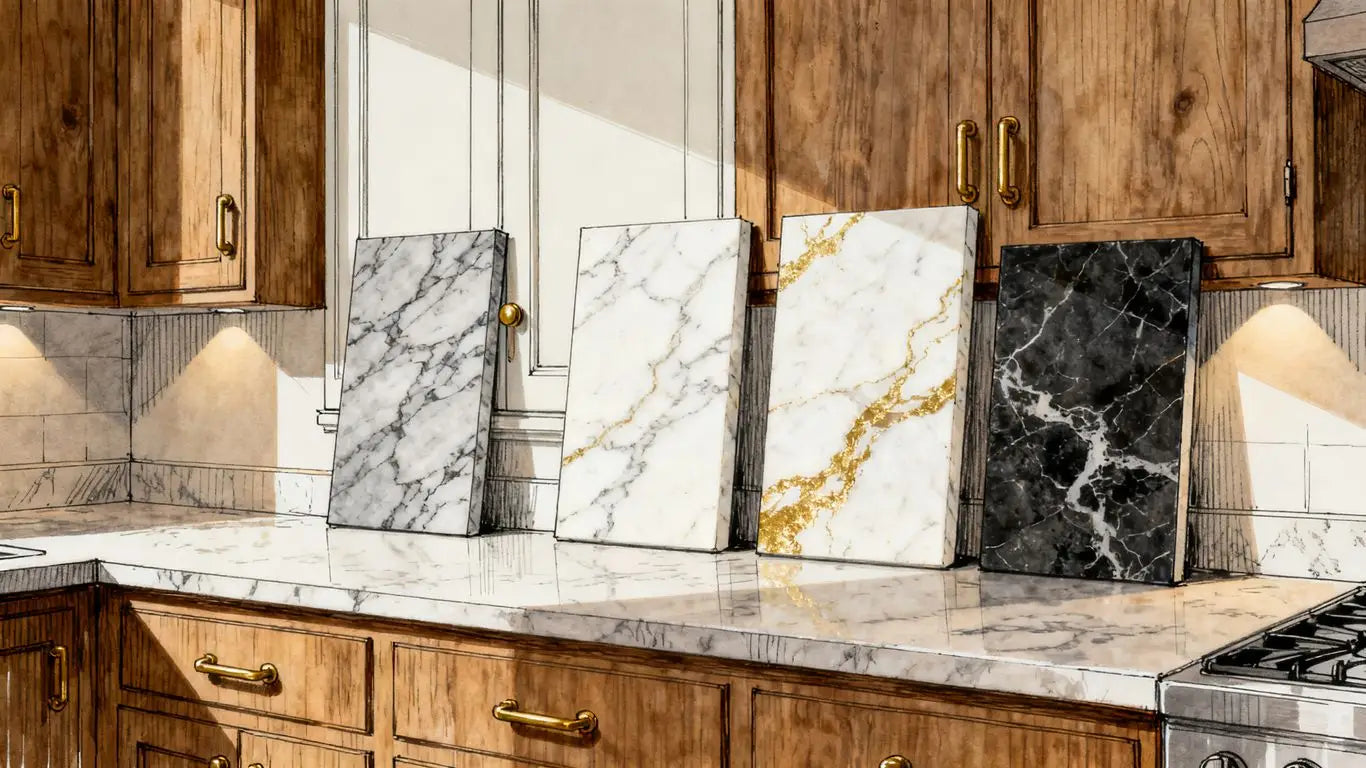 White and gray marble samples beside kitchen cabinetry