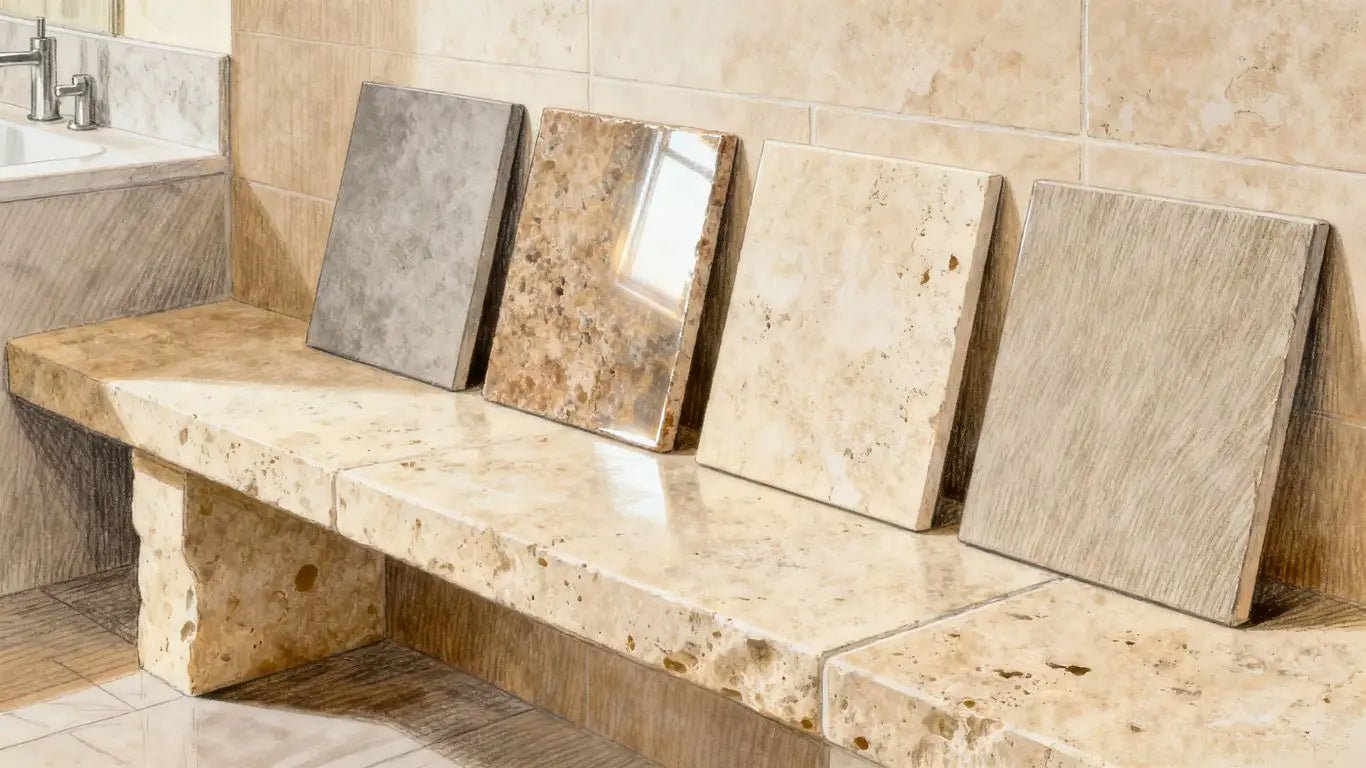 Travertine tile finish samples in bathroom light