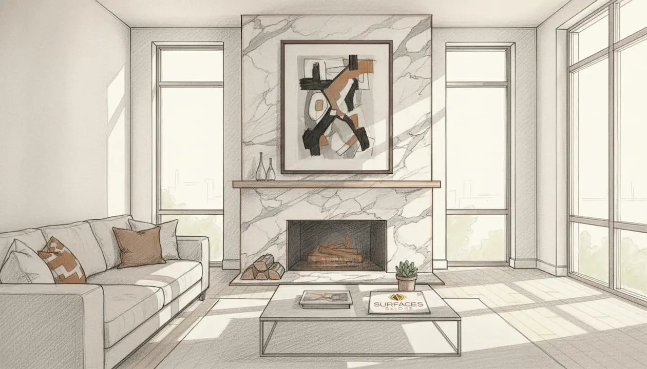 Marble tile fireplace in modern living room