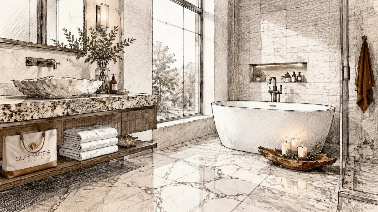 Luxurious bathroom with marble and travertine finishes