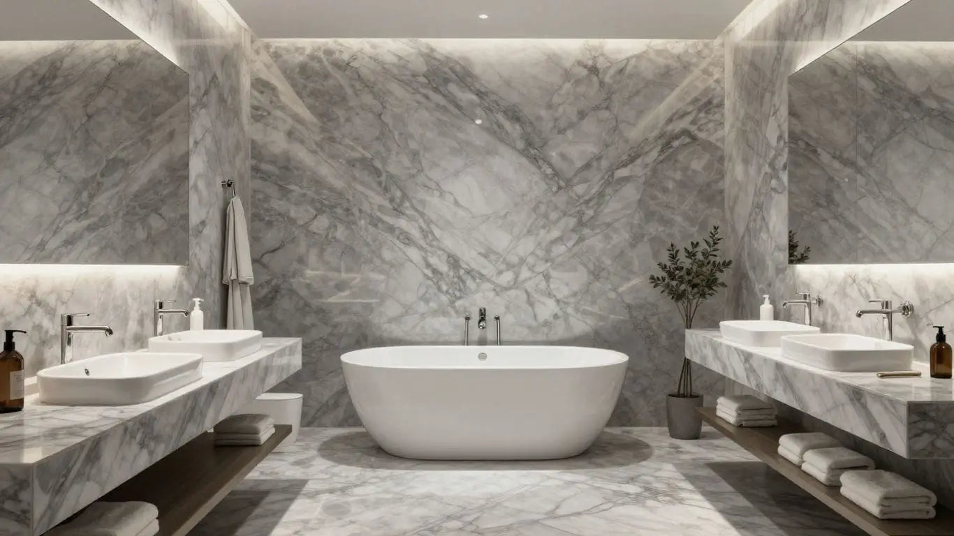 Atlantic Gray marble flooring and walls in a bathroom.