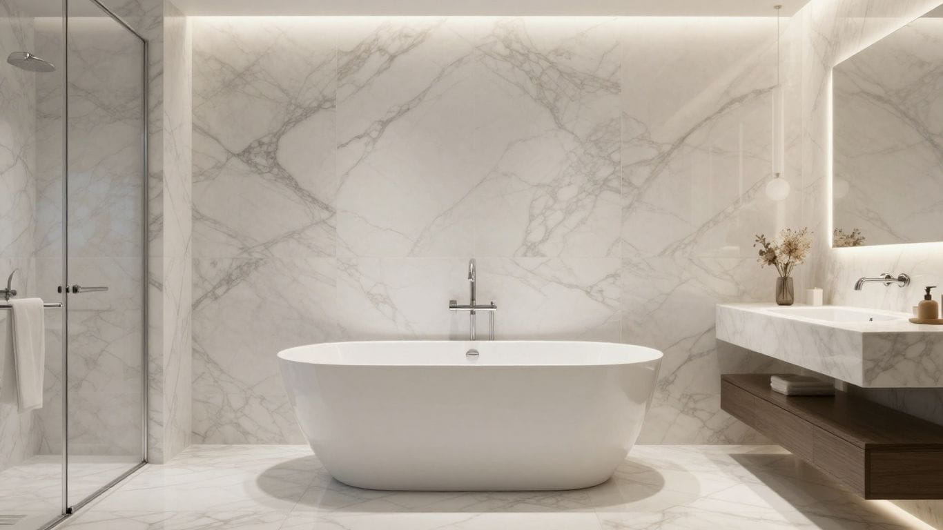 Luxurious marble bathroom renovation sketch.