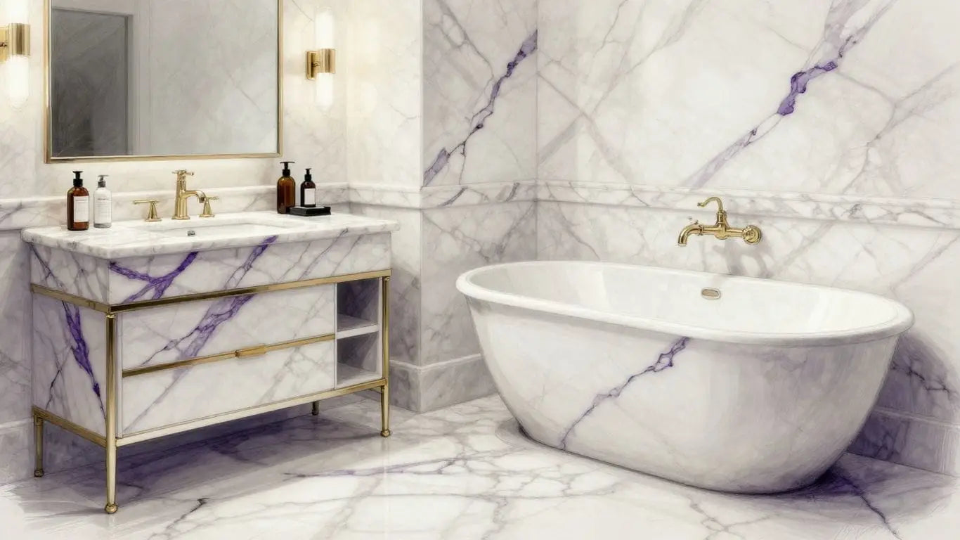 Calacatta Viola marble bathroom vanity and bathtub sketch.