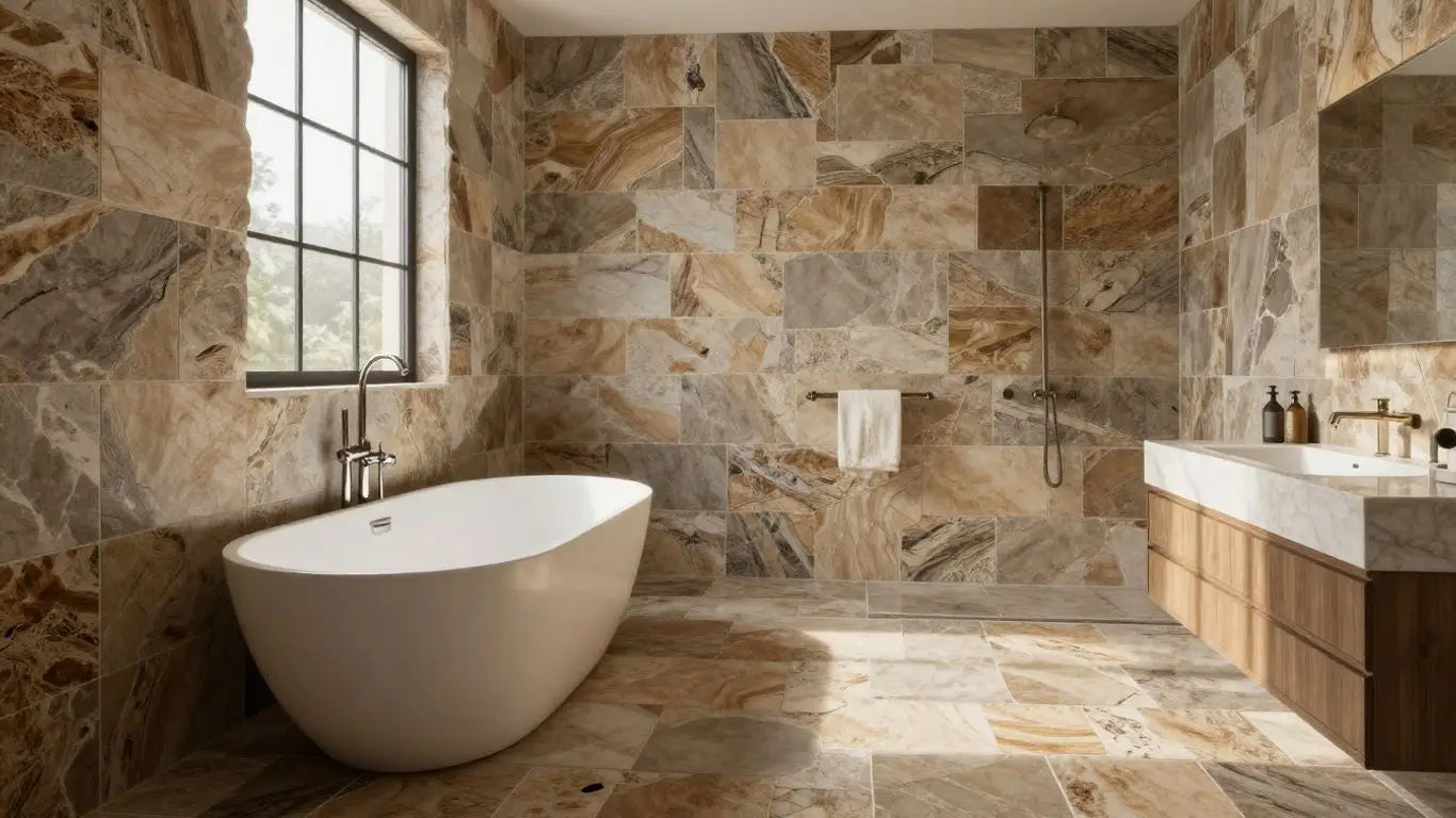 Sketch of a bathroom with natural stone tiles.