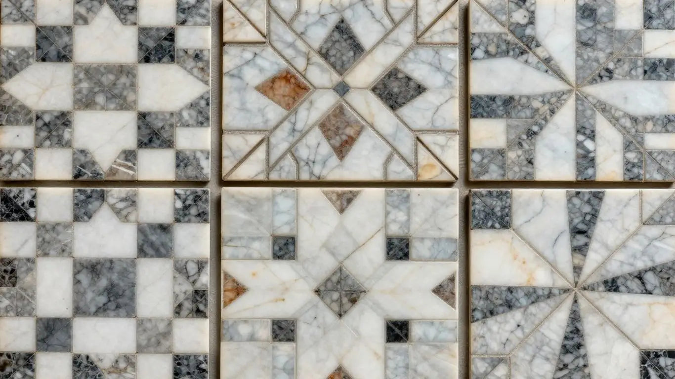 Marble mosaic tiles in various patterns and colors.