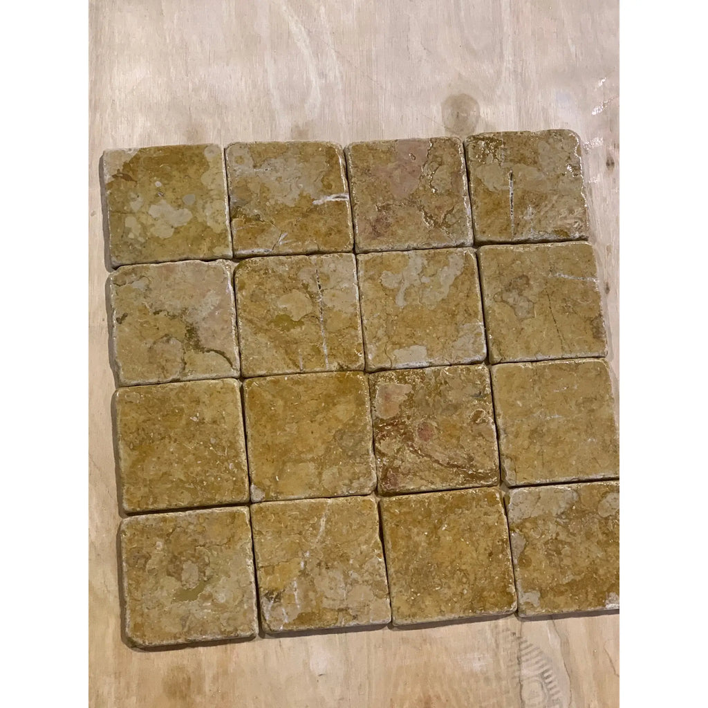 12-pack of Giallo Reale Gold-Yellow Marble 4x4 Tumbled Tiles with natural veining
