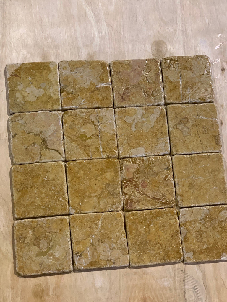 12-pack of Giallo Reale Gold-Yellow Marble 4x4 Tumbled Tiles with natural veining