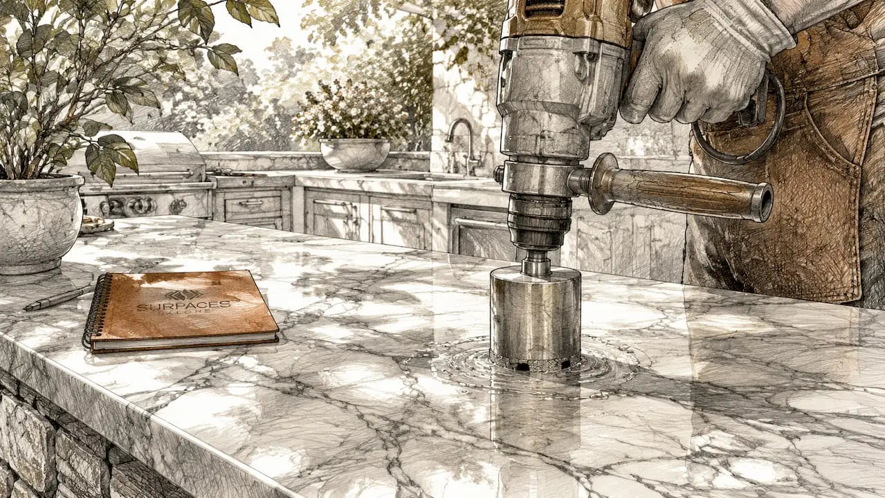 Diamond core drill bit on marble countertop with water droplets