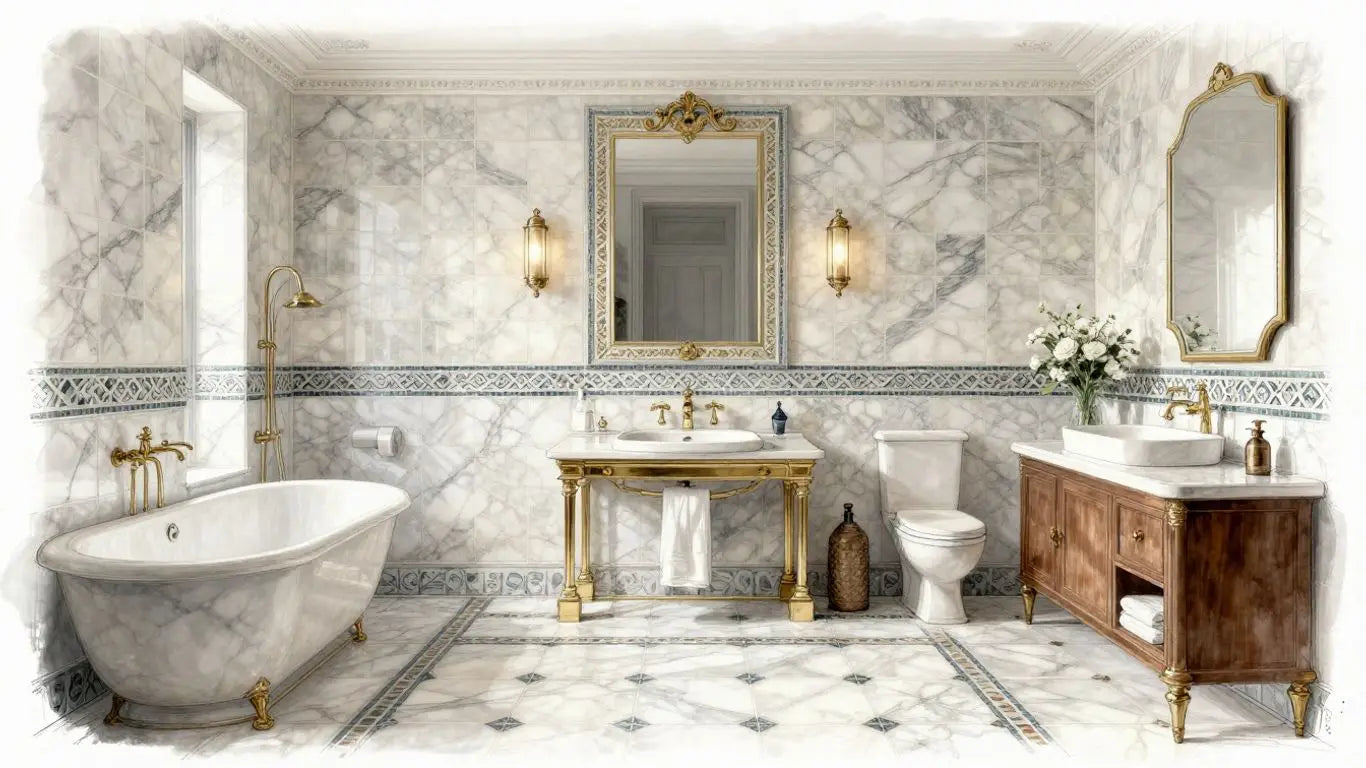 Elegant marble mosaic bathroom tile design sketch.