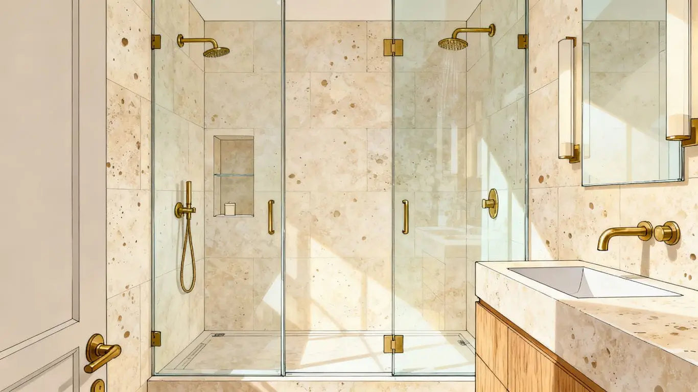 Illustrative travertine shower with natural stone texture