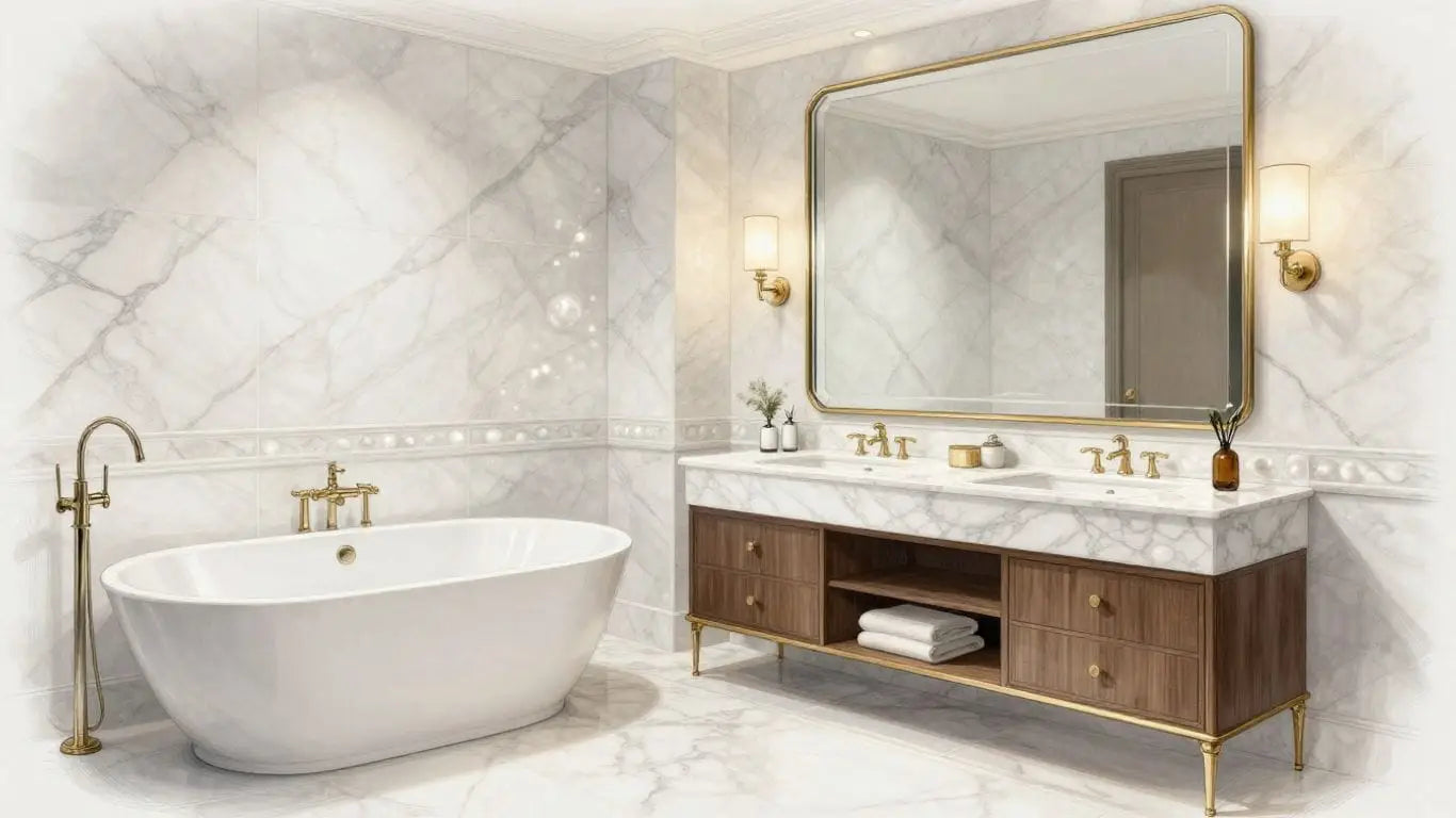 Elegant white pearl marble bathroom interior sketch.