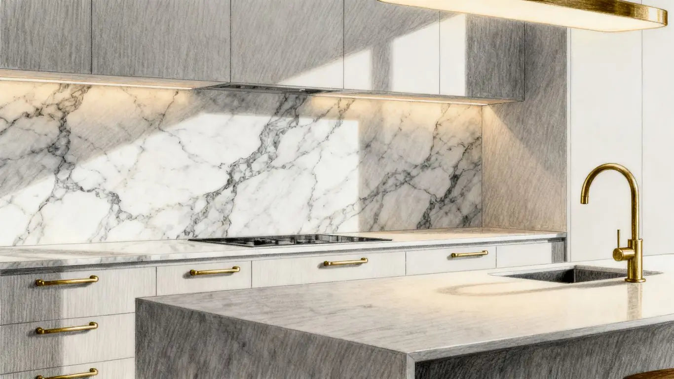 A kitchen backsplash featuring gray marble