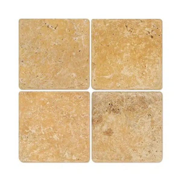 Four square Gold Yellow Travertine 18X18 Tumbled tiles arranged for display