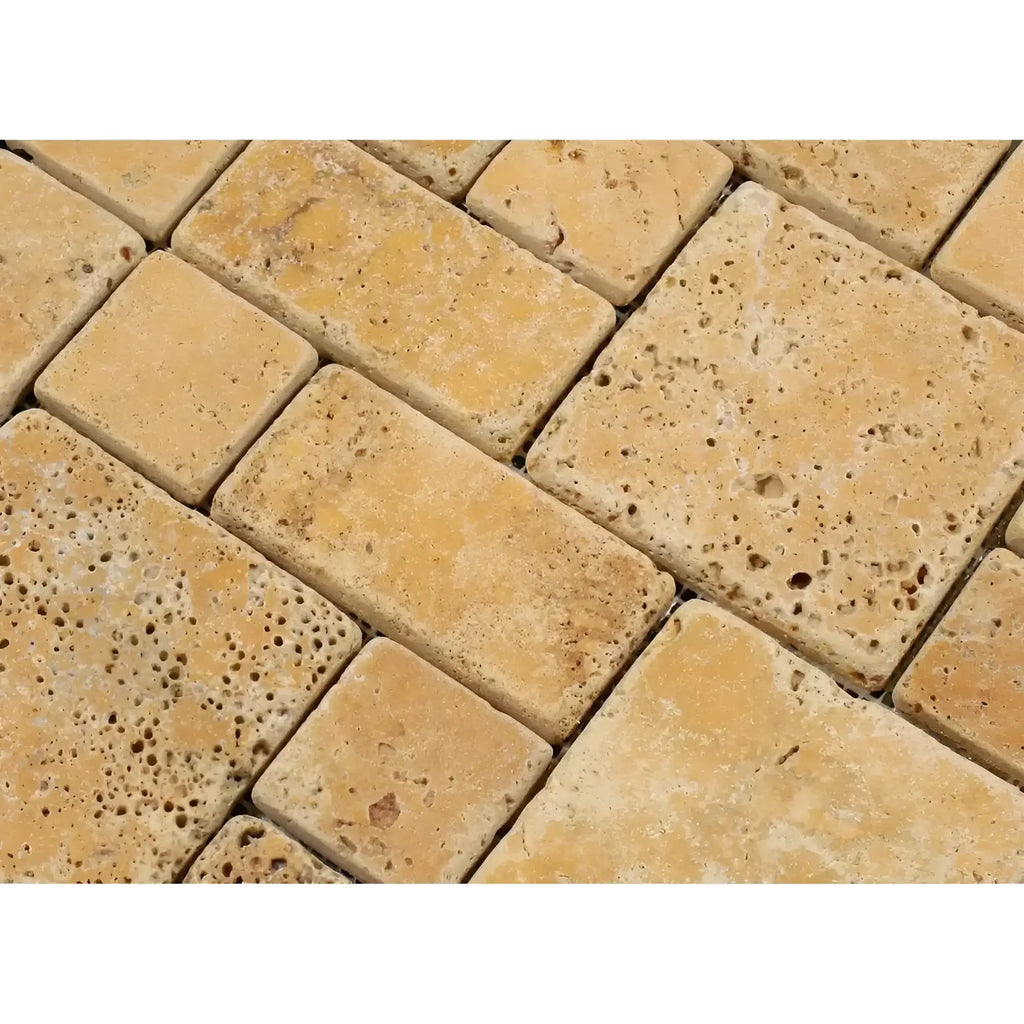Tan travertine brick pattern in Gold Yellow Travertine 3-pcs Mini-Pattern Mosaic Tumbled