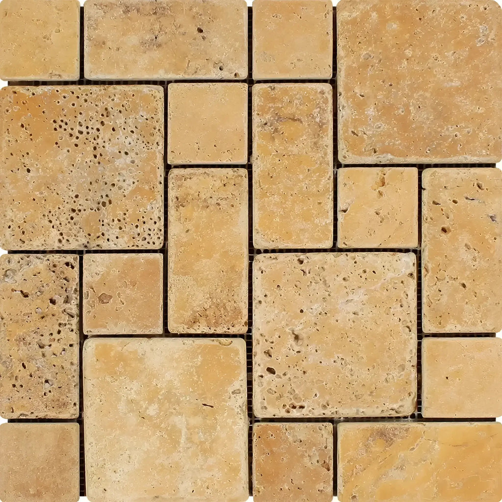 Gold Yellow Travertine 3-pcs Mini-Pattern Non-Interlocking Mosaic Tumbled Tile