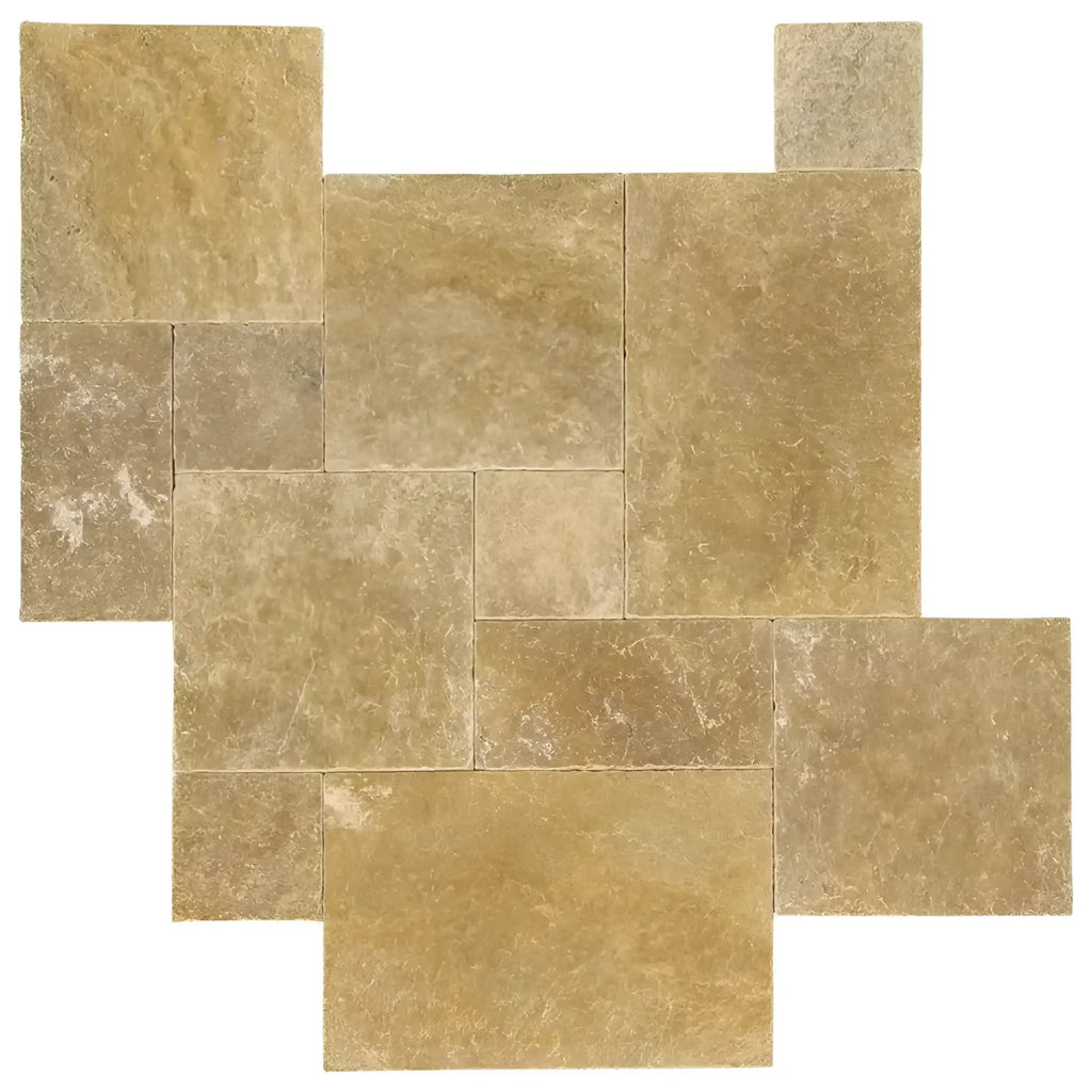 Gold Yellow Travertine 4 pcs Versailles Pattern Set Tumbled tile mosaic display