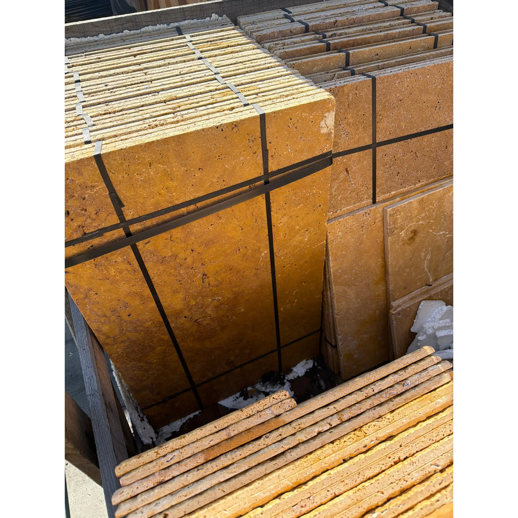 Gold yellow travertine Versailles pattern tile set, 4 pcs unfilled brushed chiseled