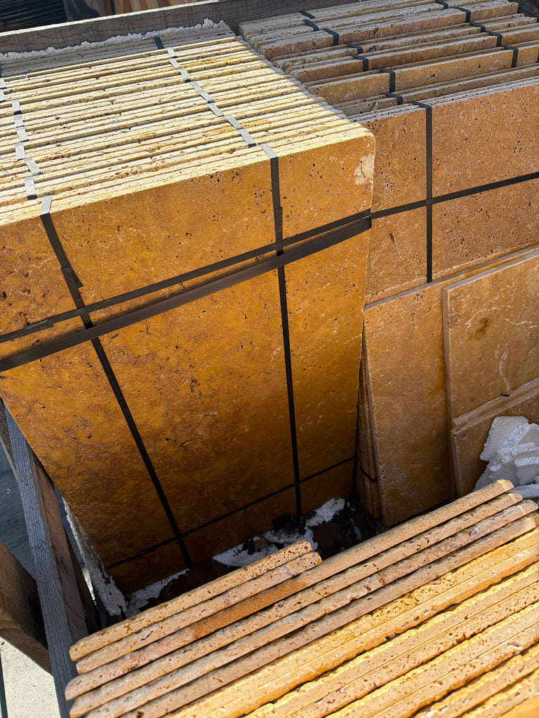 Gold yellow travertine Versailles pattern tile set, 4 pcs unfilled brushed chiseled