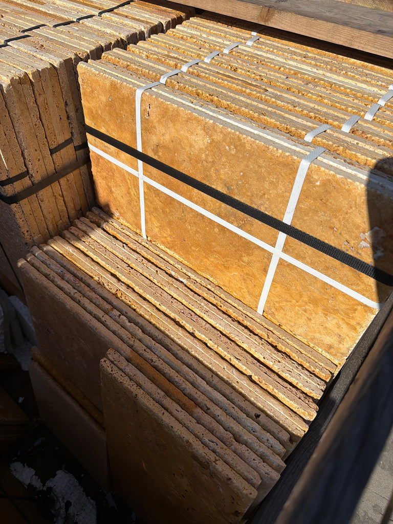 Gold yellow travertine Versailles pattern set, unfilled brushed chiseled tiles