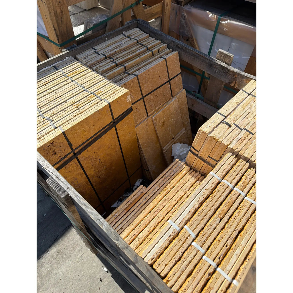 Gold/Yellow Travertine Versailles Pattern Tile Set, Unfilled Brushed Chiseled