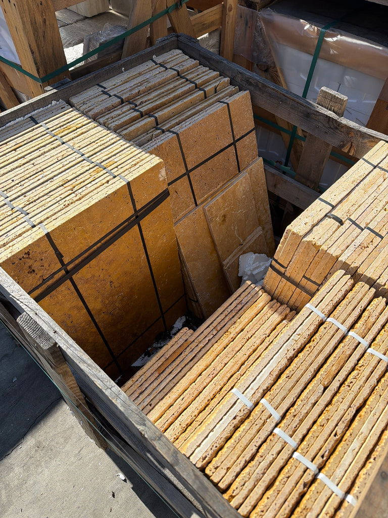 Gold/Yellow Travertine Versailles Pattern Tile Set, Unfilled Brushed Chiseled