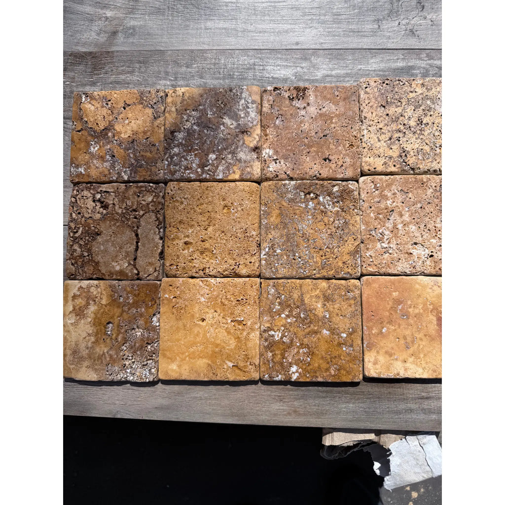 Gold/Yellow Travertine 4x4 Tumbled rustic stone tiles in earthy tones