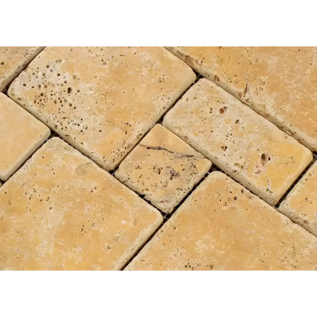 Gold Yellow Travertine OPUS Mini-Pattern Mosaic Tumbled tile interlocking design