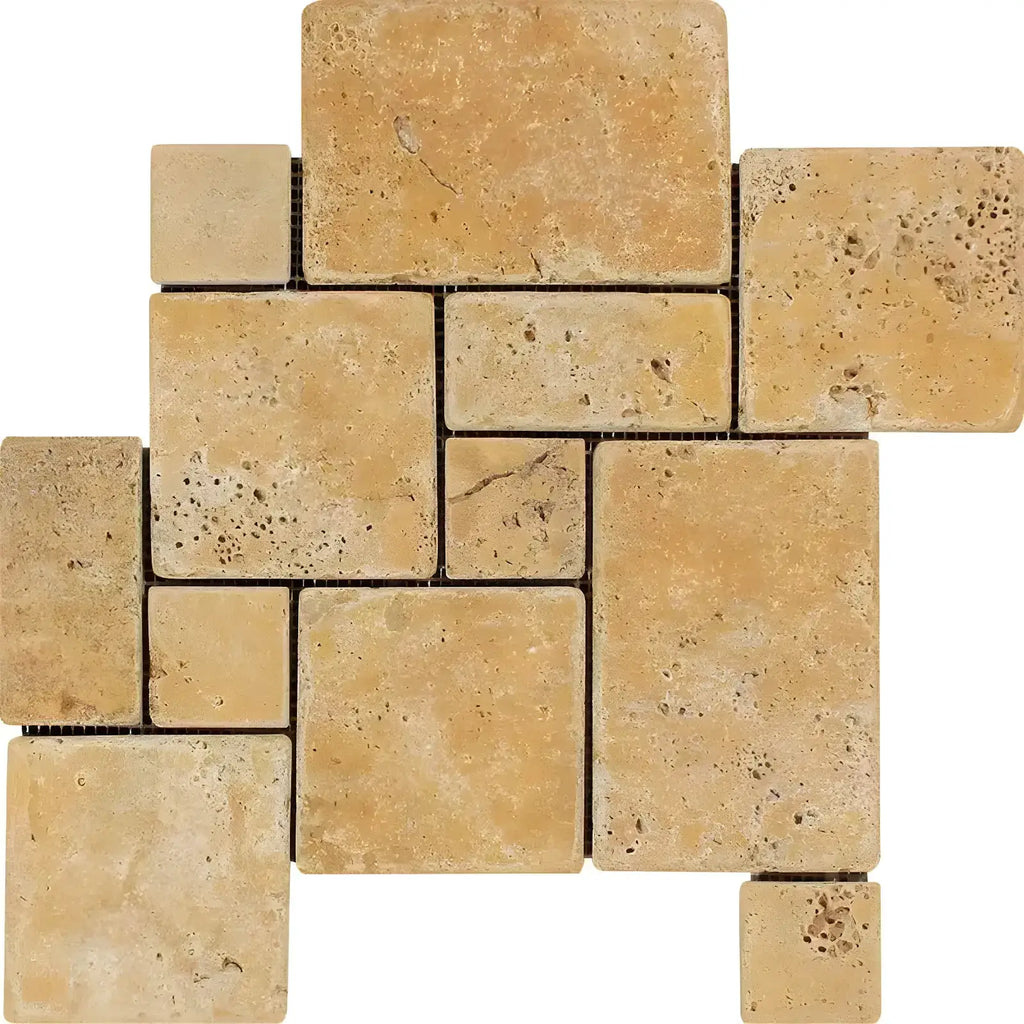 Gold Yellow Travertine OPUS Mini-Pattern Mosaic Tumbled Tile for elegant interiors